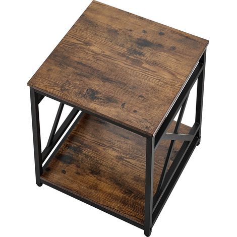 Table d'appoint carrée 2 niveaux avec étagères de rangement ouvertes, chevet moderne design croisé en métal et bois, bout de canapé pour salon, chambre, bureau, cité U, marron (1/5)