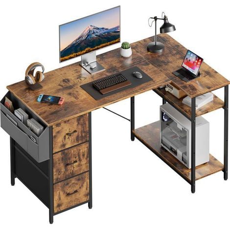 ECOFURNIX Scrivania ad angolo, 120x78cm Scrivania da gioco, Scrivania a forma di L, Scrivania per computer con sacco di stoccaggio, Marrone