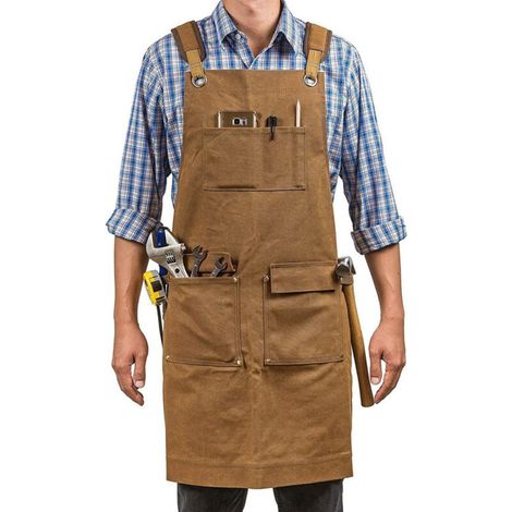 Grembiule da lavoro da uomo, grembiule da saldatura con 7 tasche, grembiule portautensili in tela cerata resistente per carpentieri e falegnami con cinghie incrociate sul retro, regolabile dalla M all (1/4)