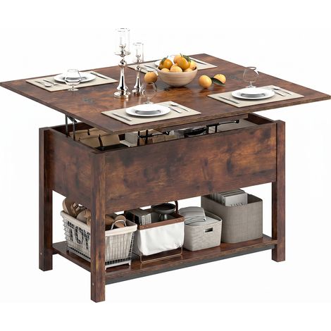 Table basse relevable extensible compartiment caché étagère ouverte marron rustique 100x45x50.5cm (1/5)