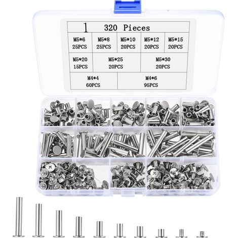 Lot de 320 pièces assortiment de vis Chicago, ensemble de vis Chicago, rivets en cuir, vis à douille rivets à vis pour cuir vis de ceinture DIY reliure albums photo sacs à main (1/5)