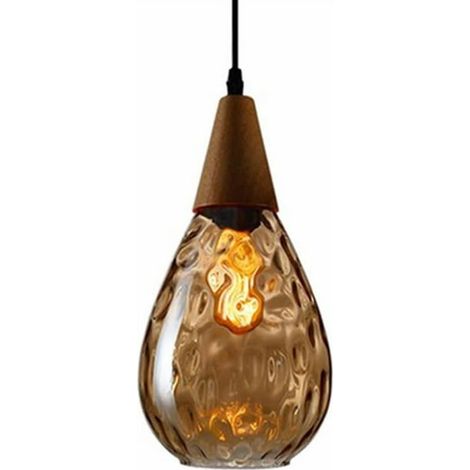 Suspension créative en bois avec abat-jour en verre à motif d'eau, mini lustre de chevet en forme de goutte, douille E27, suspension industrielle simple