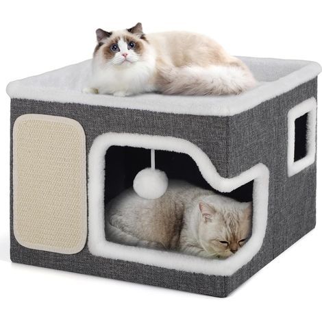 - Cat house - Sisal scratching post - 2-layer folding bed with cushion and ball - Indoor/outdoor use - Grey - 43x43x32 cm (1/5)