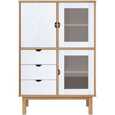 Buffet de Cuisine en Bois Massif Pin, Meuble Rangement 85x43x125 cm, Design Bicolore Marron et Blanc, Étagères de Stockage pour Salle à Manger (1/5)