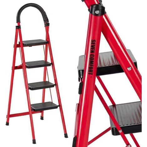 Escalera - Siete - 4 Escalones - Plegable - Antideslizante - Carga 150KG - Acero Rojo (1/5)