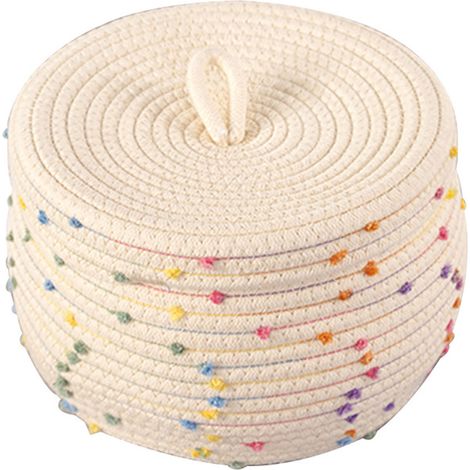 Panier de Rangement Tressé en Corde de Coton avec Couvercle, Grande Capacité, Points Décoratifs Colorés, pour Linge, Jouets, Œufs et Petits Objets (1/5)