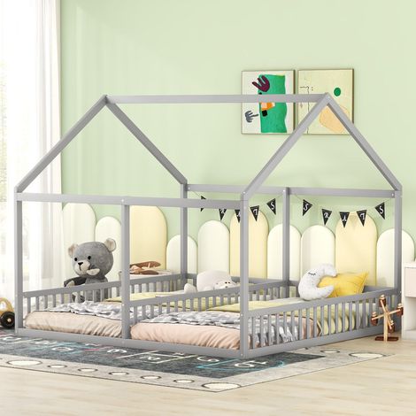 Lit cabane 90x200cm , lit simple 2-en-1 pour enfants, design maison en bois gris moderne (1/5)