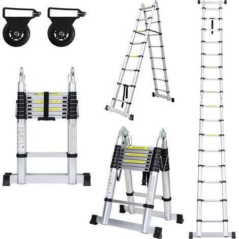 Randaco Teleskopleiter Ausziehleiter Klappleiter Stabil Aluminium Stehleiter bis 150kg 2,5m+2,5m Silber ohne haken Mit Stabilisator Mit Rädern