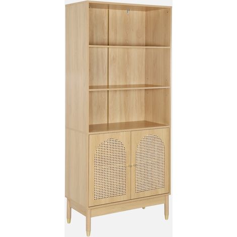 Estantería biblioteca decorativa de madera y mimbre 4 niveles, 2 puertas (1/5)