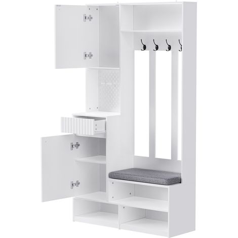 Ensemble complet de meuble d’entrée avec banc, 4 crochets, portes et tiroirs - Blanc, dimensions compactes 100×180×35 cm (L×H×P) (1/4)