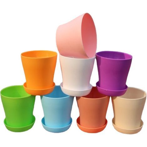Lot de 8 pots de fleurs et soucoupes en plastique coloré avec plateaux d'égouttement pour décoration de maison ou de bureau (8 couleurs, 14 cm) (1/5)