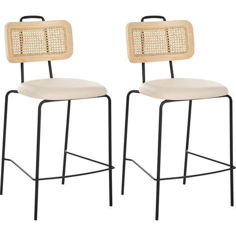 Conjunto de 2 sillas de bar patas de hierro respaldo de ratán sintético asiento de piel sintética sin reposabrazos tapones para las patas diseño boho moderno beige claro Adelanto