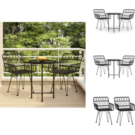 3-tlg. Garten-Essgruppe Schwarz Poly Rattan - Gartensessel - Gartentisch - Outdoor Möbel - Balkonmöbel - Terrassenmöbeln