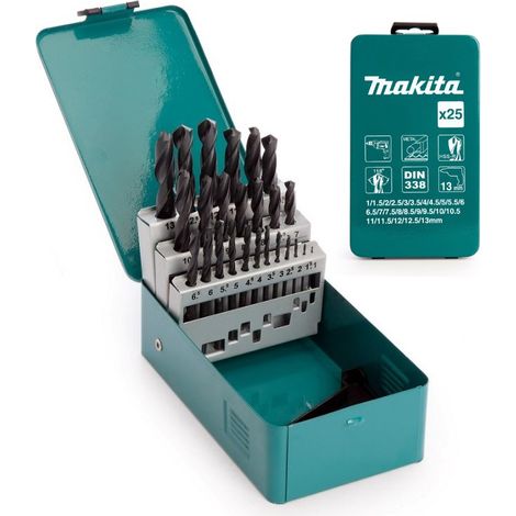 Makita D-54097 25 Piece Drill Bit HSS-R Metal Drill Bit Set Storage Tin 1-13mm (1/6)
