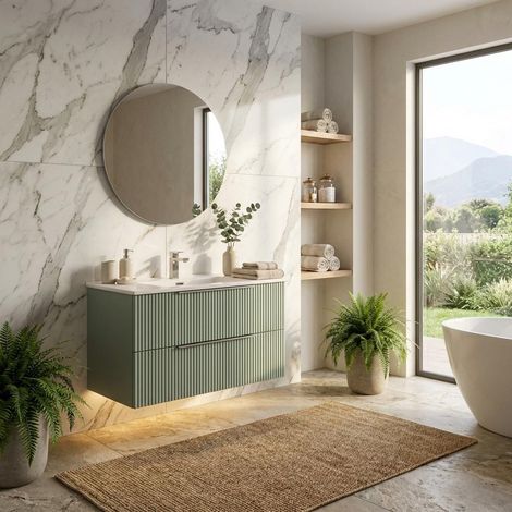 Mobile bagno sospeso con 2 cassetti colore verde 100 cm e specchio. MALIGI HOME MG-PLUTONE Verde (1/5)
