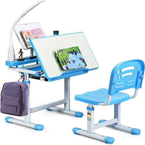 Set Sedia e Scrivania per Bambini Altezza e Angolo Regolabile e Multifunzionale,
Con Cornice per la Lettura e Lampada di Protezione per gli Occhi Colore Disponibili: Blu/grigio/rosa (1/5)