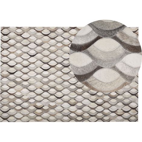 Alfombra de piel de vacuno patchwork beige y marrón rectangular 140 x 200 cm estilo retro Kirca
