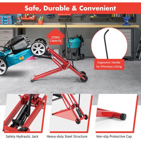 Cric de levage pour tondeuse à gazon avec réglage 3 hauteurs, châssis pliable et 2 roues pour jardin, garage et atelier (1/5)