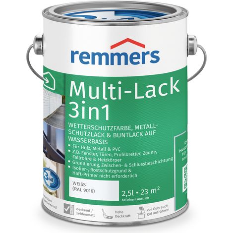 Remmers Multi-Lack 3in1 weiß (RAL 9016), 2,5 Liter, Wetterschutzfarbe, Metallschutzlack & Buntlack auf Wasserbasis für Holz, Metall & PVC (1/10)