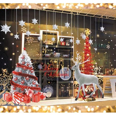 Adhesivo navideño grande para ventana con diseño de reno y árbol de Navidad Decoración navideña reutilizable para ventanas Adhesivo estático para bricolaje con copos de nieve navideños Adhesivos para 