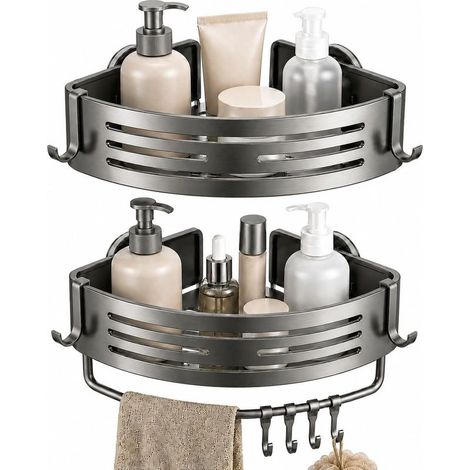 2 étagères d'angle pour douche, sans perçage, avec ventouses, en aluminium antirouille, porte-serviettes et 4 crochets, adaptées salles de bains, gris (1/5)