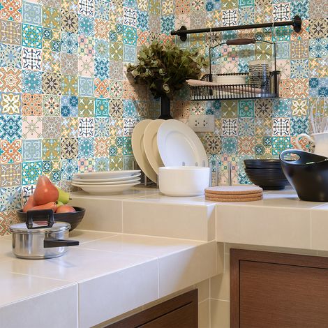 Sticker Mural Carrelage adhésif Cuisine Salle de Bain - 60 STICKERS CARREAUX DE CIMENT AZULEJOS FLORENSIA - 60stickers15x15cm (1/5)