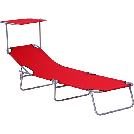 Chaise longue de jardin pliante avec pare-soleil, structure métal et tissu Oxford rouge, 187 x 58 x 36 cm (1/5)