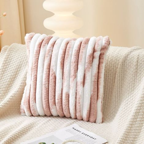 Lot de 2 housses de coussin en fausse fourrure douce, rayures décoratives, rose et blanc, 45 x 45 cm (1/4)