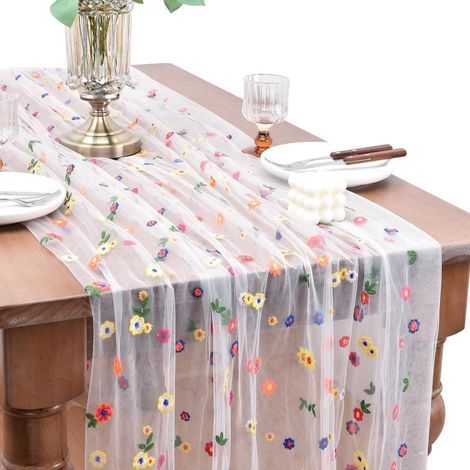 Tischläufer mit Gänseblümchenstickerei, 72 x 300 cm, floraler Tüll-Tischläufer, exquisiter Frühlings-Tischläufer mit Gänseblümchenmuster für Partys, (Weiß) (1/5)