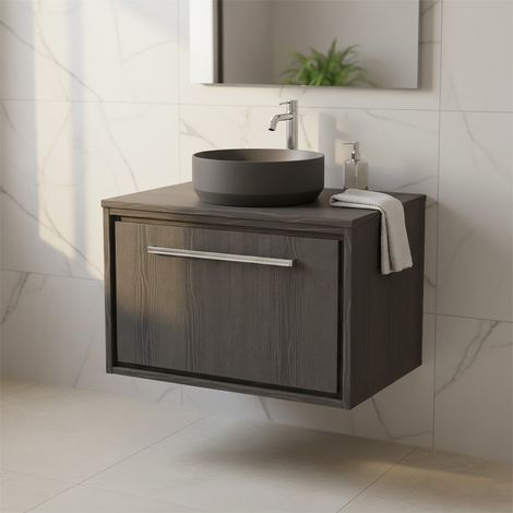 Hudson Reed Lille Wall Hung 1-Drawer Vanity Unit with Worktop 600mm Wide - Graphite Grey Woodgrain