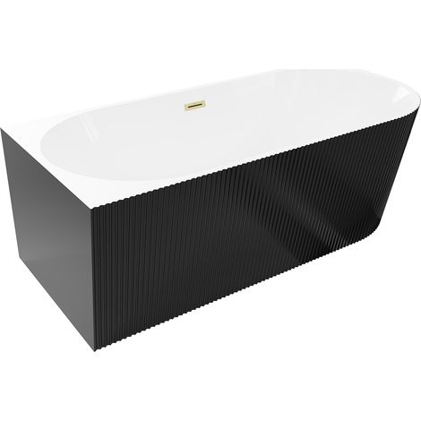 Mexen Silo vasca da bagno freestanding angolare sinistra rigata 170 x 80 cm, bianca/nera, troppopieno oro spazzolato (1/5)