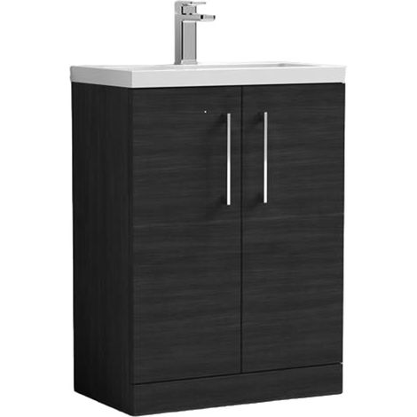 Nuie Arno Compact Floor Standing 2-Door Vanity Unit with Ceramic Basin 600mm Wide - Charcoal Black Woodgrain (1/5)