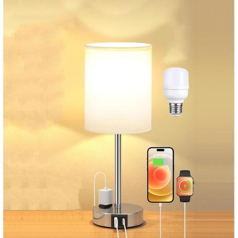 Lampe de Chevet Tactile Avec 2 Ports d'USB &1 Prise de Courant, Ampoule LED Fournie,3 Luminosités Réglables, Abat-jour en Lin Beige (1/3)