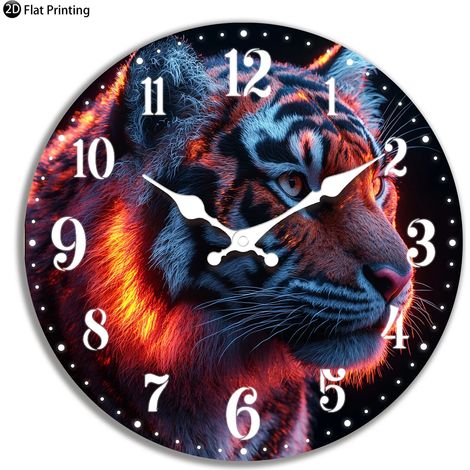 Horloge murale silencieuse en bois de 25 cm (10 pouces) avec effet lumineux tigre, horloge analogique à quartz, convient pour la chambre et la salle de bain. (1/5)