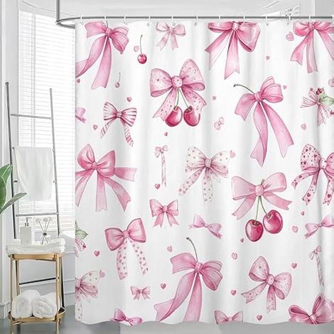 Rideau de Douche en Tissu avec nœud Rose pour Salle de Bain, Rideau de Douche Moderne et esthétique, Convient pour dortoir, Salle de Bains et Toilettes, avec Crochets 183 x 183 cm (1/5)