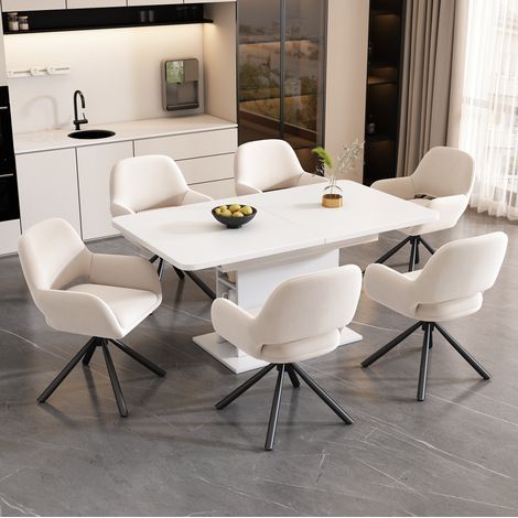 OKWISH Essgruppe mit ausziehbarem rechteckigem Tisch und 6 weißen Samtstühlen (1/5)