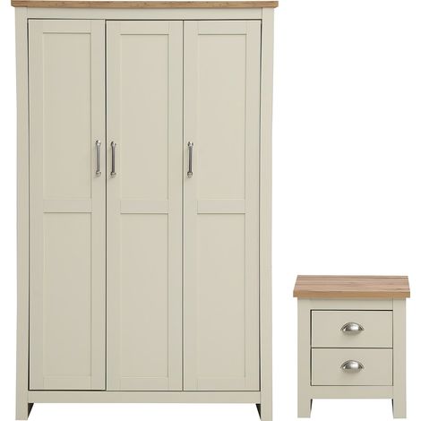 2 Piece Bedroom Set Cream Oak Wardrobe & Bedside Table Storage Wood Shelving (1/5)