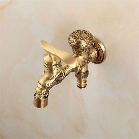 Robinet mural double sortie - Design dragon sculpté - Laiton antique - Double sortie