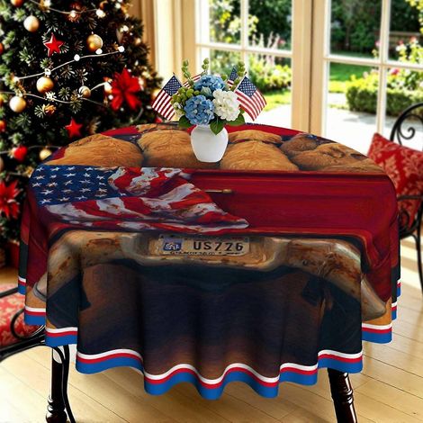 Nappe ronde imprimée en 2D avec un chiot rétro patriotique et le drapeau américain (1 pièce), nappe élégante et unique pour les repas de famille, les fêtes et le jardin. (1/4)
