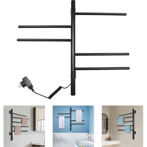 Sèche-serviettes électrique mural noir 85 W – 5 barres pivotantes à 180° – Acier inoxydable 304 – Température 30-70 °C – Écran tactile et minuterie 1-9 h – Idéal pour salle de bain (1/5)