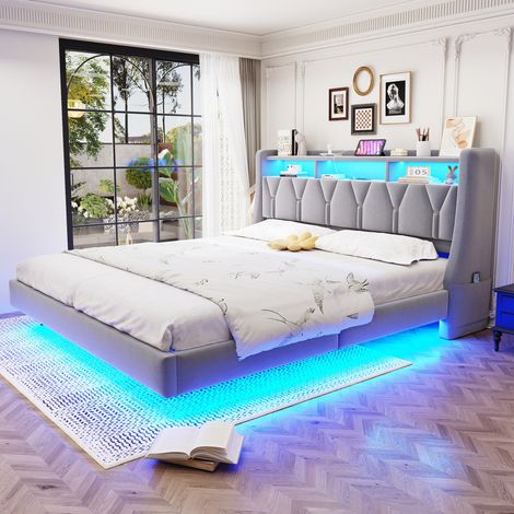 REDOM - Cama doble 180x200 cm cabecero abatible con almacenaje y LED, puertos USB y USB C, tapizada gris claro(Sin colchón) (1/5)