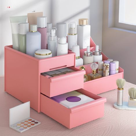 Boîte de rangement cosmétique tiroir bureau, organiseur maquillage bijoux en plastique rose, coffret de dessus de table compact.