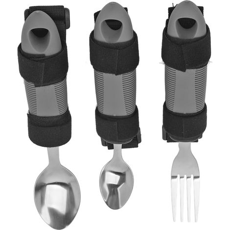 Ensemble de 3 couverts adaptés pour personnes âgées, adultes souffrant d'arthrite ou de handicap, avec ou sans faiblesse des mains : fourchette et cuillère lestées. (1/5)