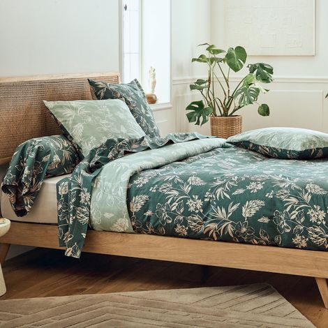 Parure de lit 3 pièces percale de coton végétal housse de couette + taies Vert 260x240 cm