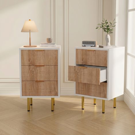 Lot de 2 table de chevet, Commode d'appoint avec poignées et pieds dorés, table d’appoint 40cm avec 3 Tiroirs, Effet bois rayé vertical – Pour chambre, salon ou bureau (1/5)