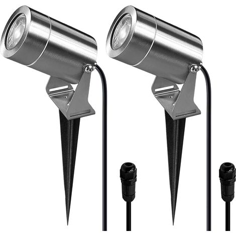 Spot LED Extérieur, Étanche IP65 Spot Exterieur GU10 (2, Argent) Acier Inoxydable Spot avec 2 m Câble, GU10 5W 3000K Ampoule, avec Boîte de Dérivation Etanche IP68, avec Spike Ground (1/5)