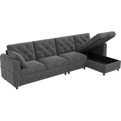 Ecksofa mit Schlaffunktion und Stauraum, Seitentaschen, Samt Grau, 281 x 132 x 86 cm (1/5)