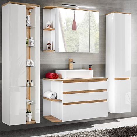 Badezimmermöbel Set mit Keramik-Waschtisch CAMPOS-56, Hochglanz weiß mit Wotaneiche, 2 Hochschränke B/H/T: ca. 204/200/50 cm (1/5)