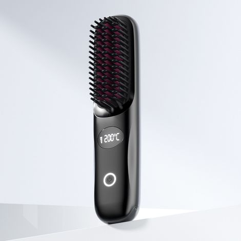 Lisseur à cheveux portable sans fil avec fonction ionique négative, rechargeable, affichage LED et protection contre les brûlures. (1/5)