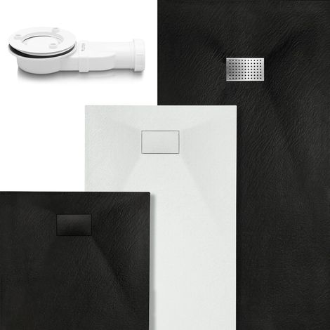 Receveur de douche 140 x 90 cm noir – Receveur de douche plat, aspect pierre, aspect ardoise, antidérapant, semblable au sol, découpable [en option avec siphon et couvercle en acier (1/5)